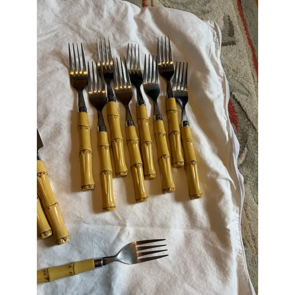 28 Mixed Pc Faux Bamboo Handle Flatware Mixed Lot Yellow Stainless China Tiki